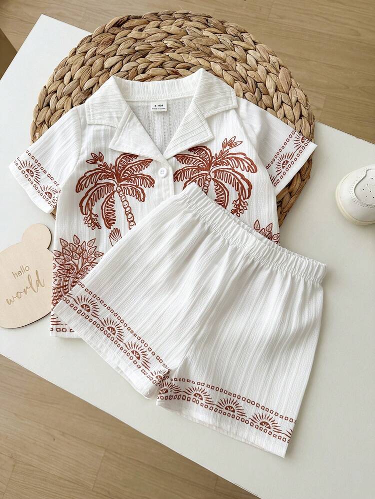 Playful Pals Baby Boy Geometric Pattern Patchwork Collar Short Sleeve Shirt And Shorts Set - White - View 4