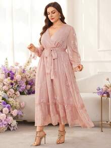 Modelyn Plus Size Women Floral Embroidery Crossover Neck Long Sleeve Waist Cinched Elegant French Style Dress - Pink - View 3