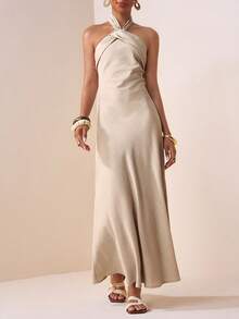 Zivah Solid Halter Neck Backless Dress - Khaki - View 4