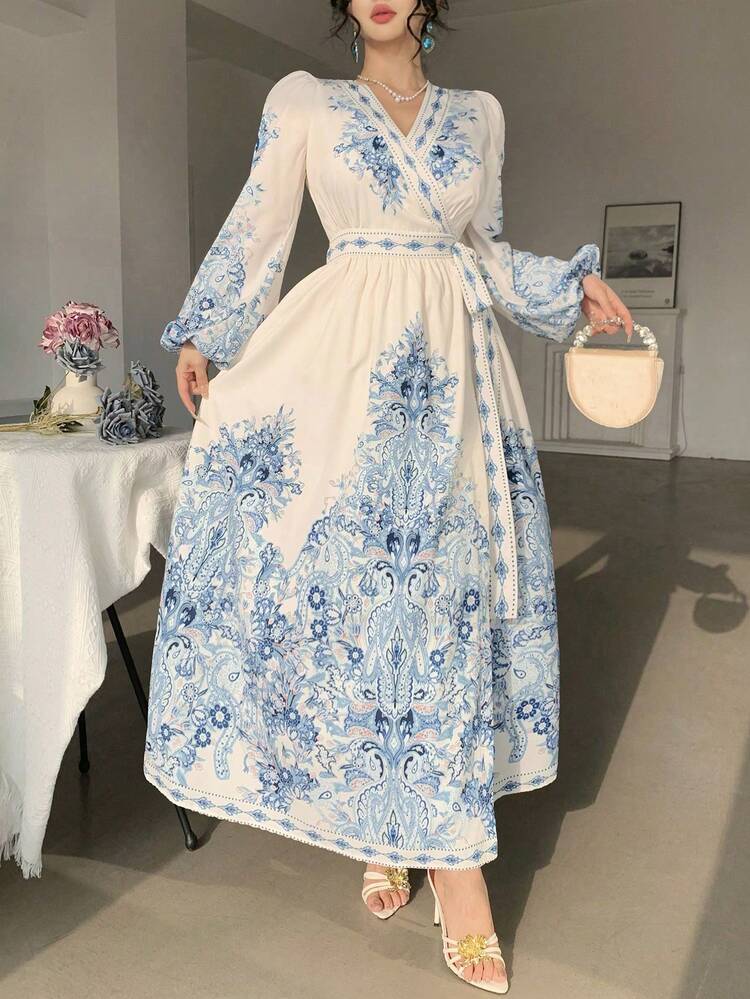 Women's Elegant Floral Print V-Neck Puff Sleeve Tie Waist Mid-Length Dress, Spring/Summer Wedding Guest Dress Sundress Boho