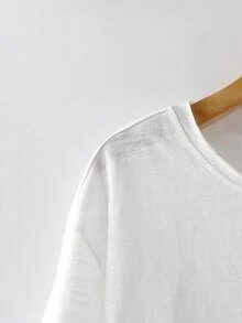 Louniche 女士休闲纯色短袖T恤，亚麻针织露脐上衣 - 白色 - 查看 12