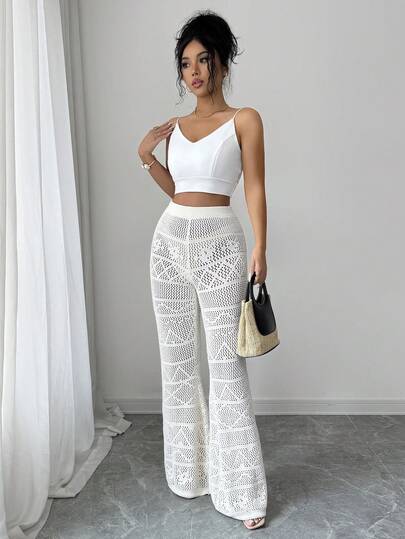 SHEIN Elenzya Women's Elegant Hollow Out Flared Knit Pants