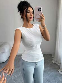 Elenzga Blusa de punto sin mangas con textura y fruncido lateral, de estilo casual y elegante para mujer - Blanco - Ver 4