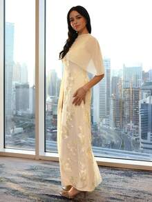 Modelyn New Design Asymmetric Sleeve Elegant Embroidered Cinched Waist Romantic Luxurious Party & Holiday Dress - Pale Yellow - View 6