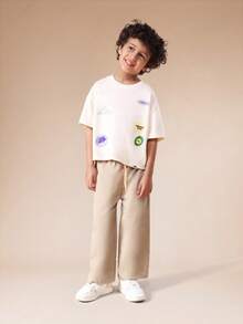SUMWON Boys Oversized Summer T-Shirt And Wide Leg Pants Coordinate Set With Mixed Graphic Patches And Text Print Casual Vacation - Multicolor - View 1