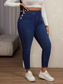 SHEIN SXY Quần jean skinny cỡ lớn dành cho nữ, có chun co giãn và cúc cài bên hông. - Màu xanh lam - Xem 7