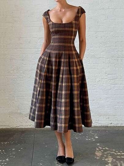 Siren Gaze Women's Vintage Plaid Square Neck Dress Elegant Waist-Cinching Design Spring Casual Classic Style, Dress For Wedding Guest, Scottish Tartan Dress, Elegant For Afternoon Tea Summer