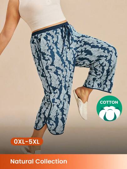 LUVLETTE Plus Size Soft Cotton Patterned Wide Fit Women Lounge Bottom Airy Pajama Pants Pajama Style Trousers Pants With Pockets
