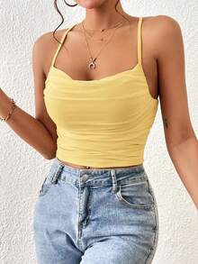 SHEIN Essnce 女士纯色褶皱修身吊带背心，夏季 - 淡黃色 - 查看 7