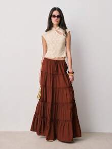 Nöista 棕色多层长裙，腰部抽绳可调节，拼接设计。波西米亚风，适合夏季、春季穿着。 - 棕色 - 查看 3