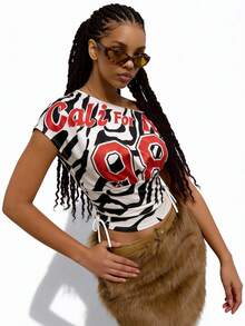 Slouenne Slouenne Women's Sexy Asymmetrical Shoulder Full-Width Positioning Print Zebra Print Numeric Positioning Print Two-Side Drawstring Design Cropped Top - Black and White - View 4