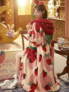 1pc Strawberry Print Hooded Fleece Bathrobe, Long Sleeve Warm Thick Button Closure Loungewear With Pockets, Women Sleepwear For Home, Bathroom, Spa, Salon, Hotel, Gym, Autumn - Multicolor - View 1