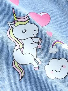 SHEIN Baby GirlCartoon Pony & Rainbow Pattern Blue Denim Loose Pants - Light Wash - View 4