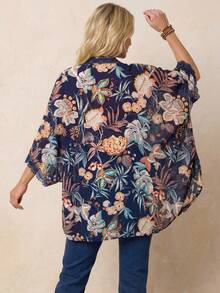 EMERY ROSE Tropical Print Contrast Lace Batwing Sleeve Kimono Summer - Multicolor - View 6