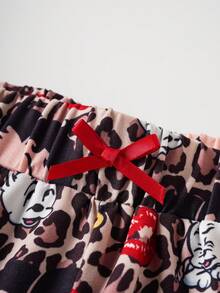 Betty Boop x SHEIN 女士舒适卡通肖像图案圆领短袖T恤和豹纹短裤睡衣套装，夏季 - 紅色 - 查看 7