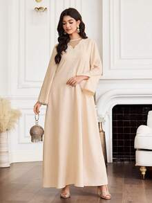 Yasmyna Al-Adha Women's Champagne Beige Embroidered Modest Maxi Dress,Long Sleeve Kaftan Style A-Line Dress With Sheer Polka Dot Mesh Yoke & Side Slit - Khaki - View 3