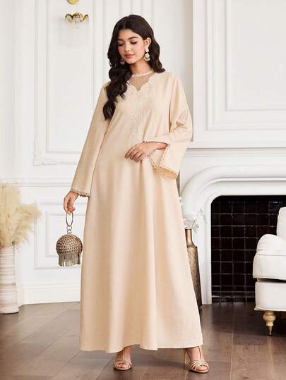 Yasmyna Women's Elegant Arabic Style Dress With Floral Embroidery, Polka Dot Mesh Patchwork And Side Slit, Long Sleeve