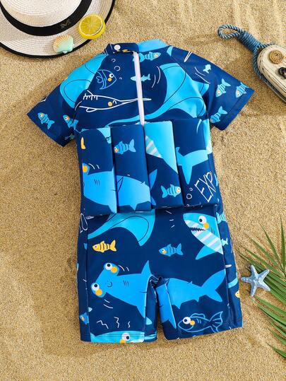 SHEIN Young Boys Soft Knit Cartoon Dinosaur Print Long Sleeve Buoyancy Swimsuit, Suitable For Beach, Pool, Vacation In Summer