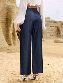 Modelyn 女士口袋直筒休闲牛仔效果宽松蓝色裤子 - 藍色 - 查看 5