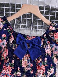 Sparklyn Girls' Allover Print Romper With Square Neck And Puff Sleeves, Summer Vacation Style - Navy Blue - View 3