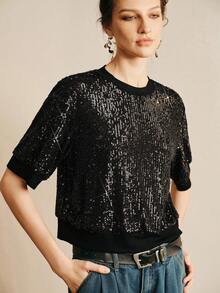 Arave 女士优雅亮片拼接圆领套头T恤，适合约会穿着 - 黑色 - 查看 6