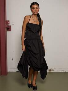 COUREZ 褶皱吊带背心和中长裙套装 / Y2K 春季女装 可爱性感外出装 派对装 两件套 夏季装 - 黑色 - 查看 2