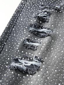 ROMWE MEN Street Life 男士水钻印花口袋休闲牛仔短裤 - 黑色 - 查看 6