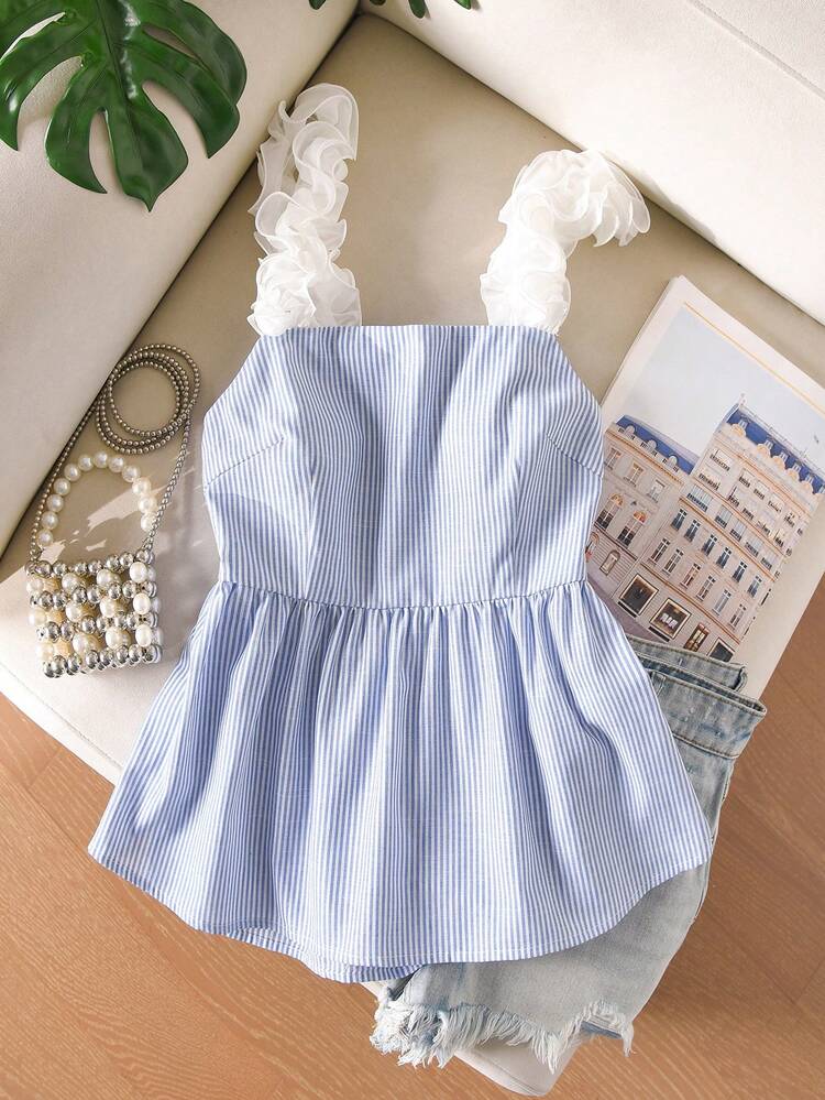 CosyJoli Plus Size Women's Sexy Casual Beach Vacation Striped Print Contrast Color Ruffle Strap Backless Tie Front Babydoll Top Spring/Summer Casual Vacation Holiday Top For Women, Summer Tops - Blue - View 2