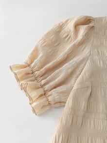 EMERY ROSE Plus Size Summer Casual Solid Color Textured Front Button Frill Trim Shirt - Apricot - View 7