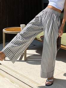 DAZY 撞色条纹宽松阔腿裤，松紧腰七分休闲裤，女士春秋季款 - 白色 - 查看 5