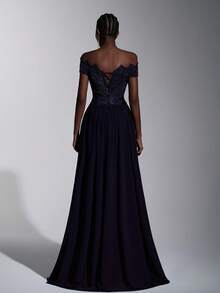 Elitara Elegant Luxury Textured Off-Shoulder Lash Lace Trim Ruched Maxi A-Line Dress, Evening Gown, Lightweight Mesh Dress, Valentine's Day - Navy Blue - View 3