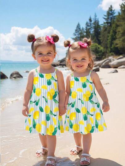 1 pieza Vestido sin mangas con estampado de acuarela de limón en todo el vestido, para niñas de 6 meses a 2-3 años, de tela ligera y estilo de fruta vibrante para vestido de playa y vacaciones de verano