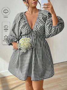 Lounesse 大码女式格子深V领灯笼袖性感时尚连衣裙 - 黑與白 - 查看 7