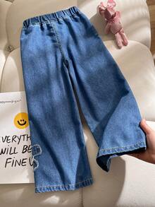 Girls (Small) Floral Design Blue Loose Fit Casual Jeans - Blue - View 2