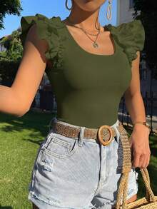 Firerie Camiseta ajustada de cuello en U con volantes de unicolor - Verde militar - Ver 6