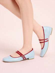 CUCCOO DOLLMOD 女士红色格子玛丽珍鞋，平底方头，校园风日系可爱低跟鞋，春季鞋款，春假复活节圣诞节适用。 - 淺藍色 - 查看 3