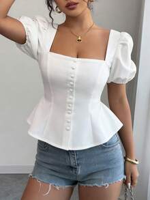 Elenzga Women's Elegant Square Collar Puff Sleeve Cinched Waist A-Line Pearl Button Decorated Blouse, Spring/Summer - White - View 5