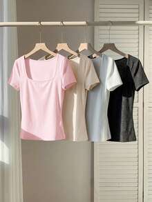 Comfortcana 4pcs/Set Plus Size Summer Square Neck Fitted T-Shirts Summer Tops Women Square Neck Tops Simple Tops - Multicolor - View 3