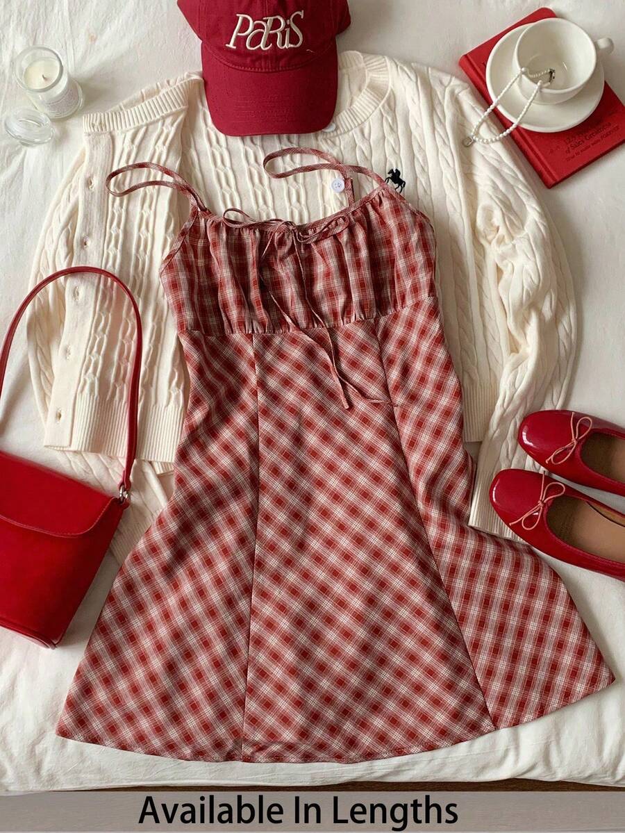 SHEIN Tall CURVE Đầm kẻ caro mùa hè dáng rộng dành cho nữ cỡ lớn - Đỏ - Xem 1