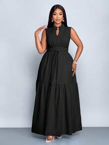 SOLERSUN 加大码蓝色立领前开襟无袖束腰系带连衣裙女式优雅休闲时尚通勤外出连衣裙夏季新款女装 - 黑色 - 查看 3