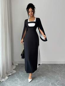 SHEIN Unity Women's Mid-Length Dress,Flared Sleeves,Waist Cinched,Slit Hem,Black And White,Color Block Design,Elegant,Holiday Dinner,Autumn,French Street Style - Multicolor - View 6