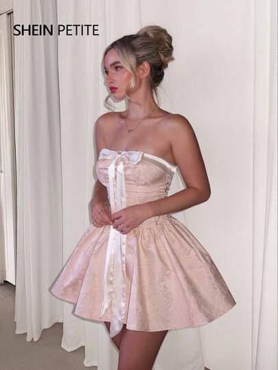 Glamine Charm Satin Patchwork 3D Bow Ribbon Collar Mini Skirt Dress, Spaghetti Strap A-Line Dress, Suitable For Party/Holiday Spring Dresses For Women, Graduation/Back To School Cute Dress, Christmas Classy Birthday Dress Strapless Dress Dress With Bows Bow Dress Corset Top Dress