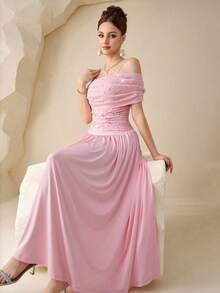 Modelyn 女士高端褶皱露肩粉色连衣裙，小众串珠腰部优雅长裙 - 粉色 - 查看 9