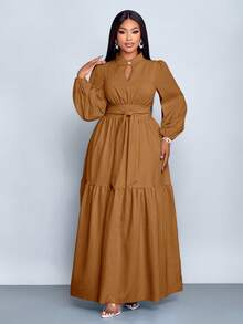 SOLERSUN 大码女装纯色宽松休闲立领前开衩水滴扣高端设计长袖腰带修身A字长裙，优雅舒适休闲时尚通勤气质连衣裙，新款，日常穿着，新年、秋季、冬季、约会、圣诞节，女装 - 卡其色 - 查看 3