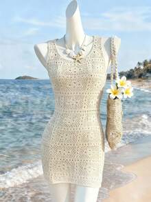 Selianne Women's Elegant Round Neck Sweater Dress, Spring/Summer - White - View 1