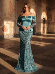 Aureia 大码优雅奢华灰蓝色露肩长袖薄纱弹力缎面拼接珠饰亮片花卉美人鱼连衣裙，适合婚礼、派对、度假、晚宴、正式场合（装饰繁复） - 藍色 - 查看 5