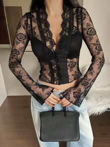 DAZY Women's Fashionable Sexy Sheer Lace Blouse,Going Out Tops For Women - Black - View 2