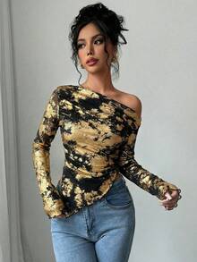 Firerie 女士时尚斜肩长袖修身褶皱吊带背心 - 金色 - 查看 3