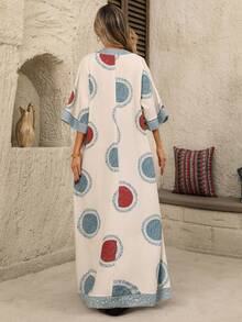 Breezaya Women's Elegant Retro Print V-Neck Loose Drop Shoulder Mid-Sleeve Dress - Multicolor - View 2