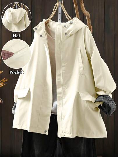 EMERY ROSE Plus Size Casual Plaid Patchwork Hoodie Jacket Spring Jackets Women Trench Coat Women